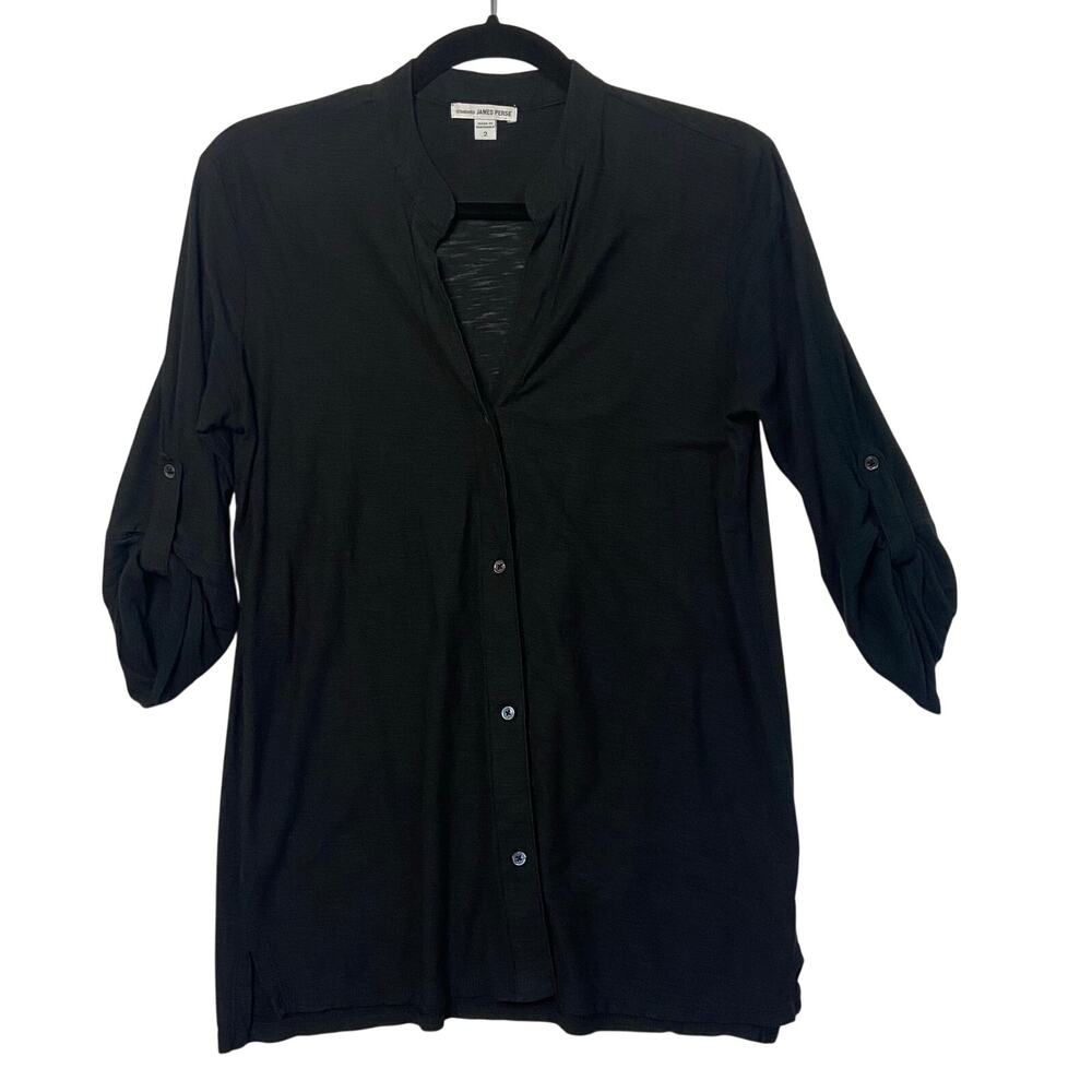 James Perse Black Cotton Knit Button Up Roll Tab Sleeve Top Size 2 Medium